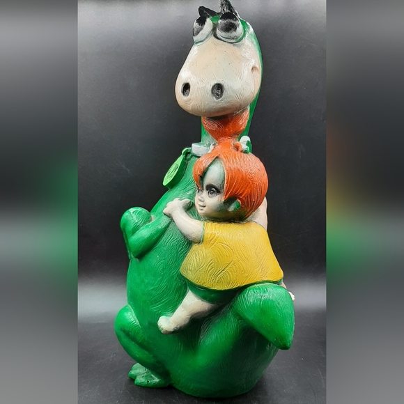 Vtg 1971 Hanna Barbera Flinstones Green Dino-Pebbles Novelty Molded Piggy Bank - Picture 2 of 9